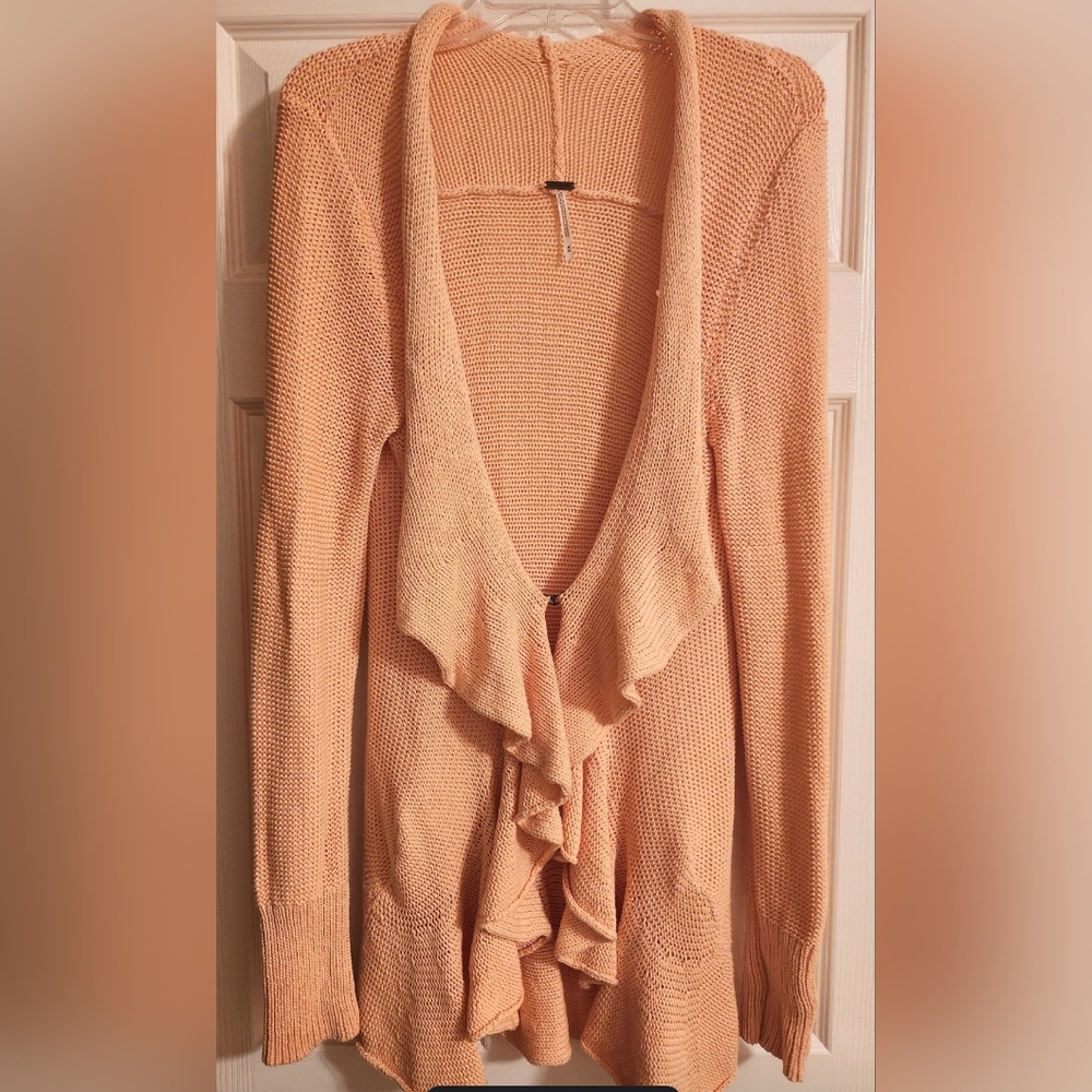FREE PEOPLE Sweeping Princess Open Ruffle Cardigan Sweater Peach Orange Medium